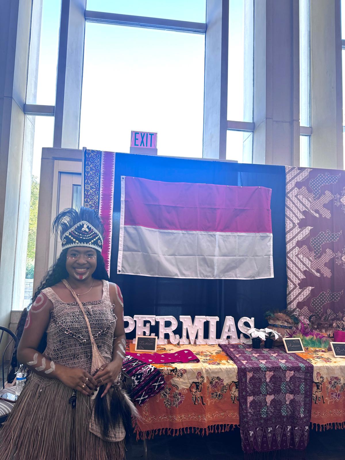 Muyu women wearing traditional clothing, adorned in intricately woven skirts made from natural fibers and decorated with shells and beads, standing against a lush green forest backdrop in Papua, showcasing their rich cultural heritage and traditional attire